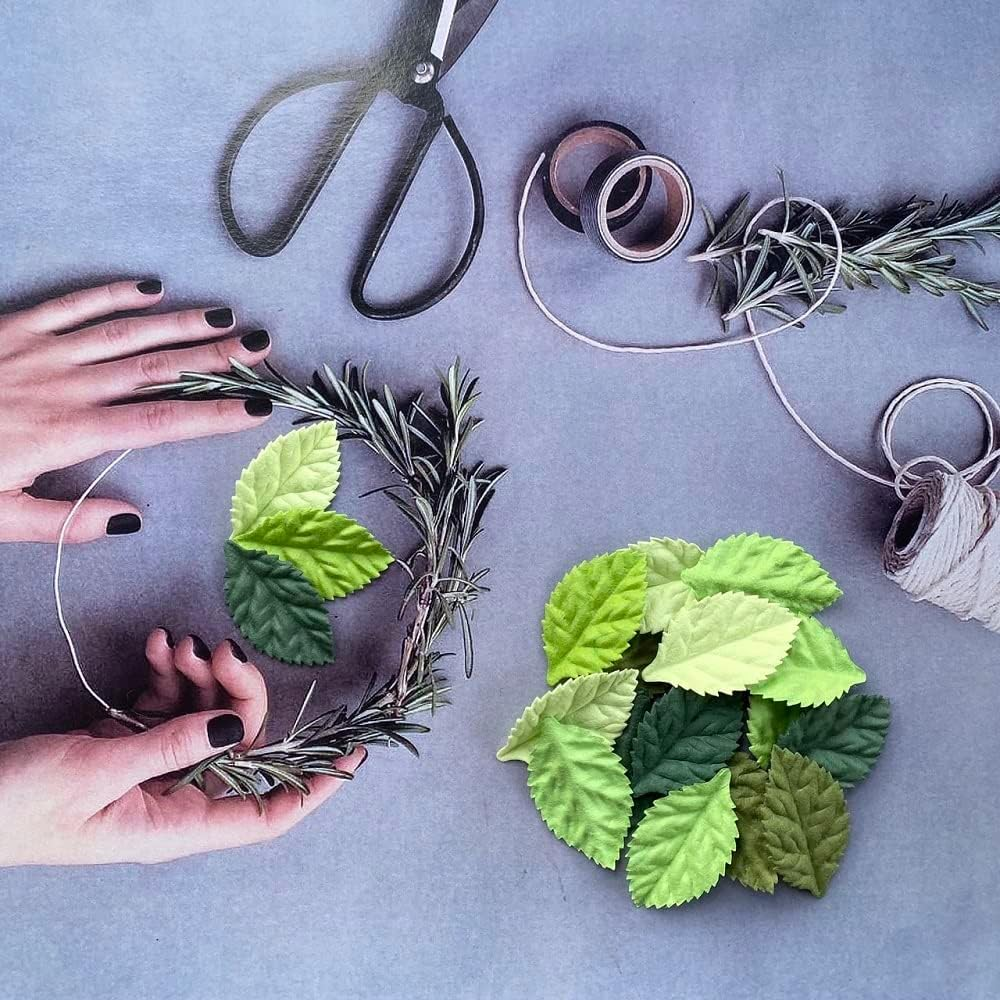 Artificial Leaves 100 Pcs Mulberry Paper Roses Leaves 45X25Mm DIY Craft Scrapbooking Wedding DIY Craft Supplies Card (Green Tone) image number 2