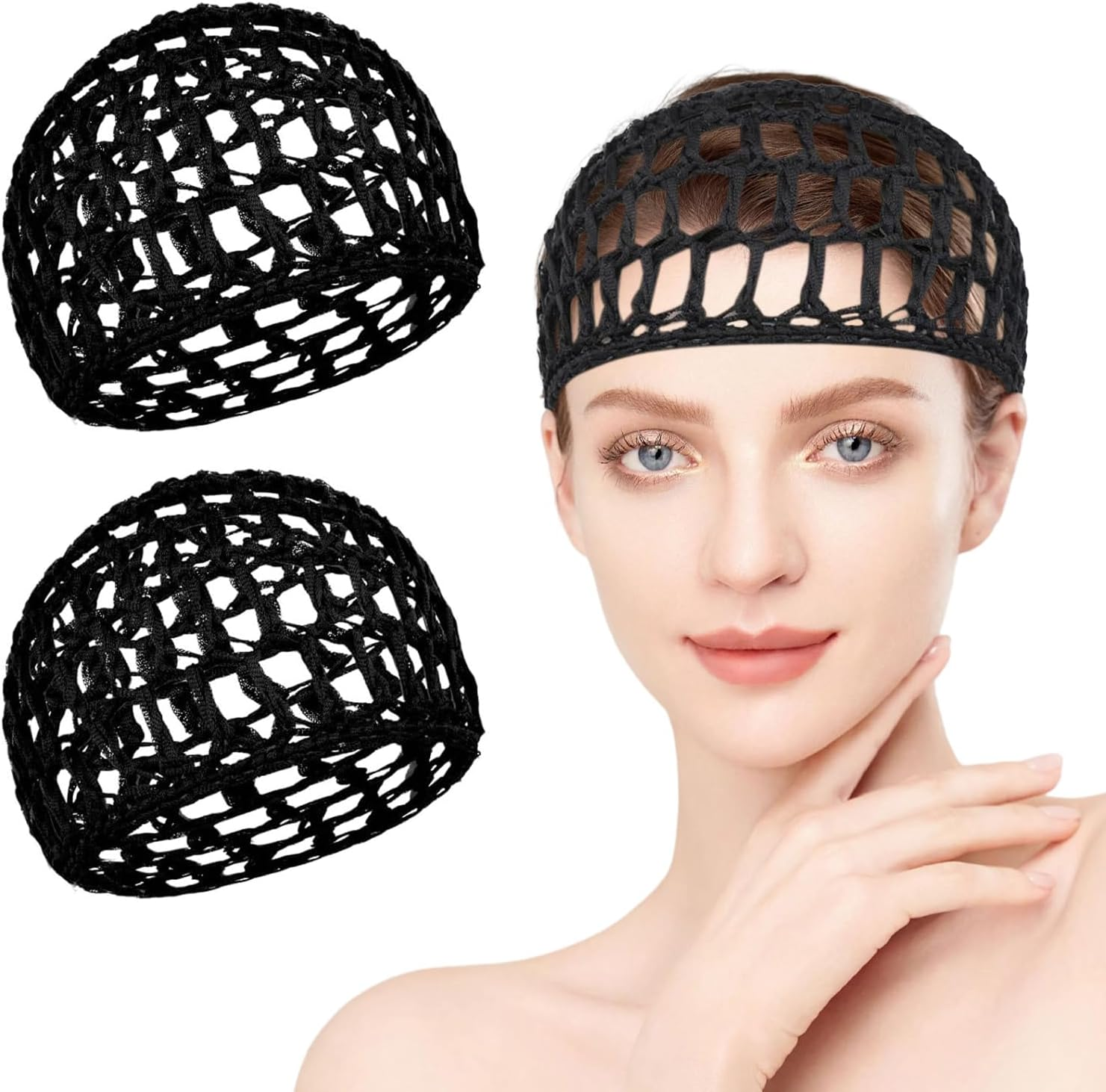 2 PCS Hair Nets for Sleeping,Crochet Mesh Wrap Caps for Silk Press, Curly Hair & Wig Protection,Soft Reusable Bonnets for Women, Lift Strap Weaving Sew for Women Ballet,Black image number 2