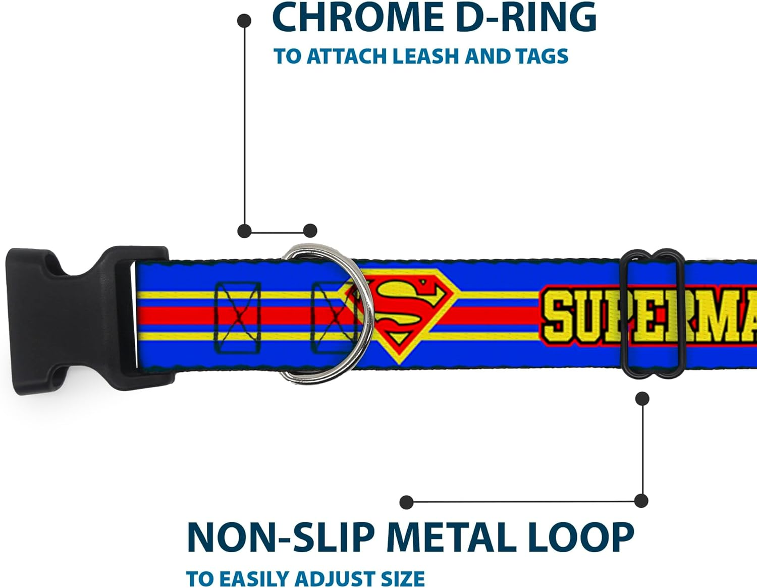 Buckle-Down Plastic Clip Dog Collar, Superman with Shield Stripe Blue/Yellow/Red, 15 to 26 Neck Size X 1.0 Inch Width image number 5