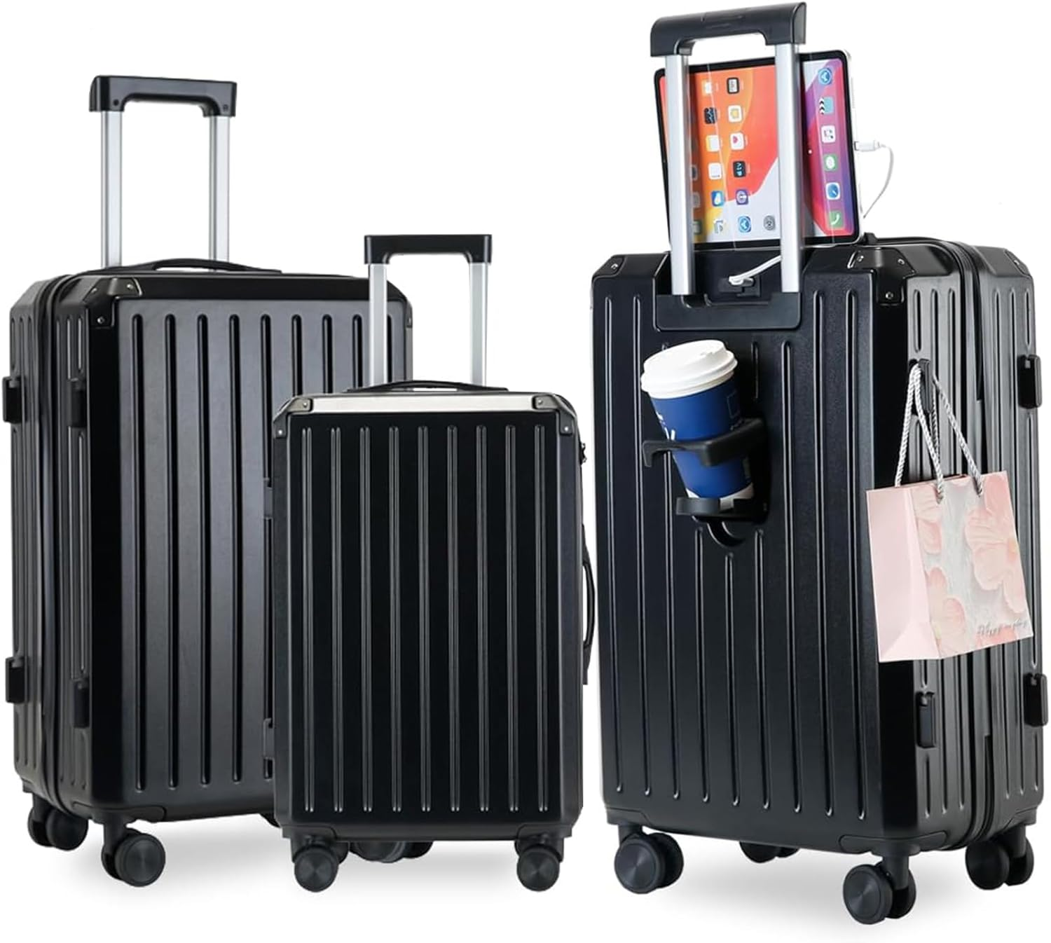 LIODUX 3 Piece Luggage Sets, 20/24/28In Expandable Hardshell Luggage, Hardside Lightweight Durable Carry on Suitcase Sets with Spinner Wheels and Two Hooks (Black)