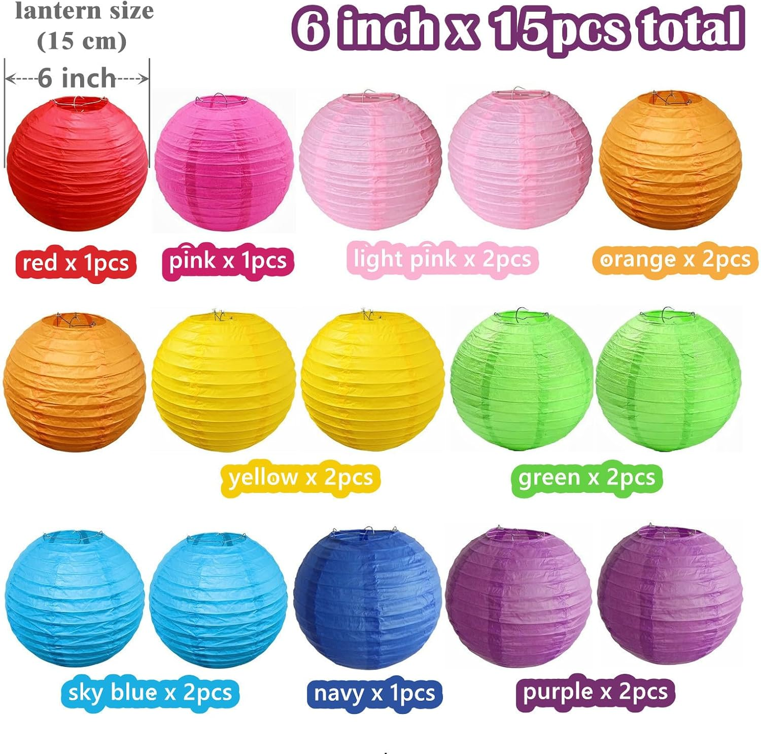 15Pcs Colorful Paper Lanterns Multicolor Hanging Ball Lanterns for Birthday Wedding Bridal Baby Shower Home Office Classroom Outdoor Indoor Party Decoration (6 Inch) image number 2