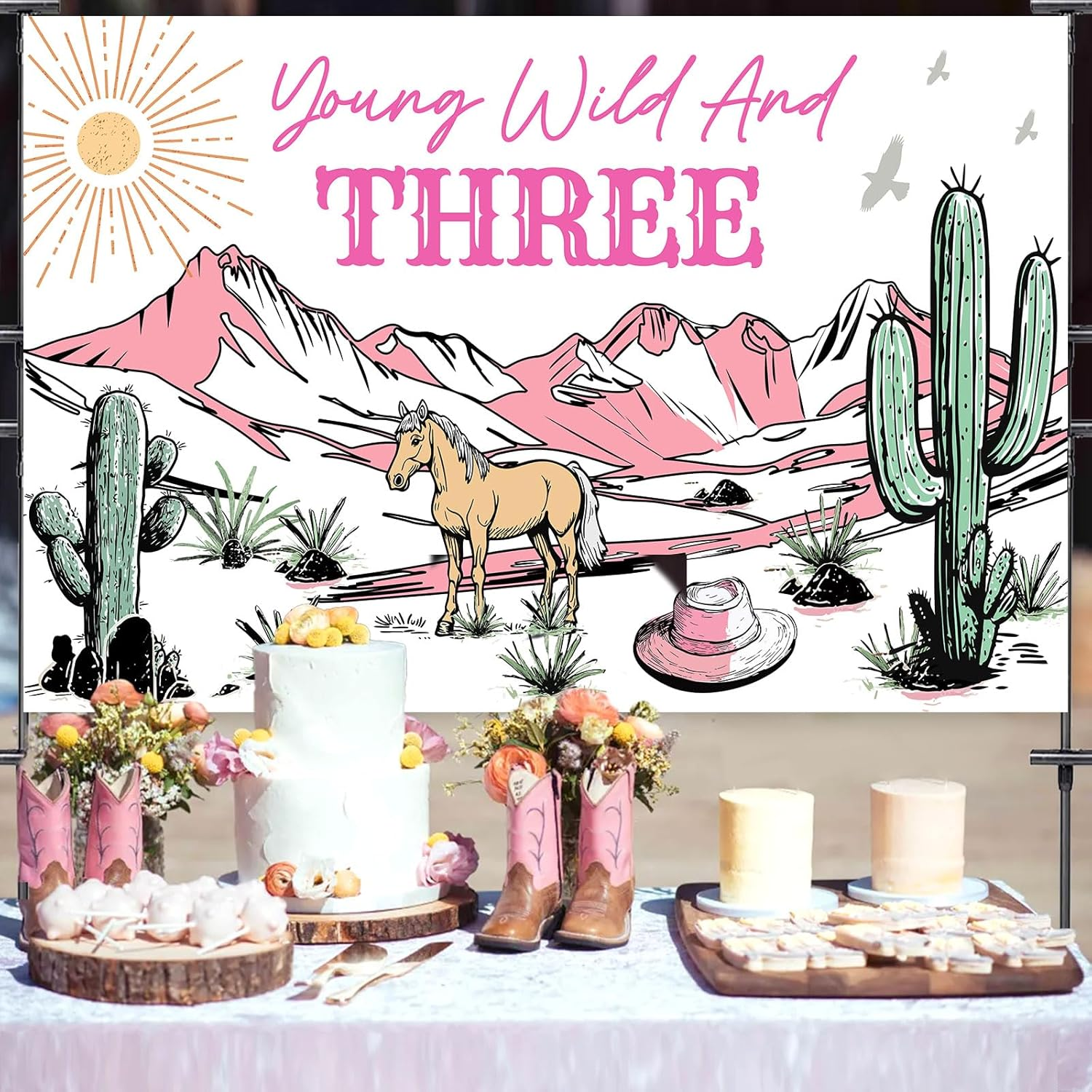 Wonmelody Western Cowgirl 3Rd Birthday Decorations Young Wild and Three Backdrop Banner 4.92 * 3.28Ft Western Theme Birthday Decorations Wild Rodeo Birthday Photo Background Wild West Birthday Girl image number 4