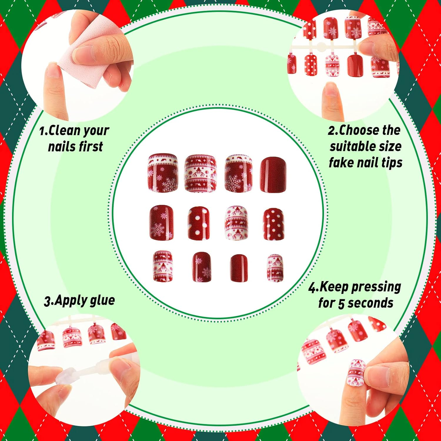 Kacctyen 384Pcs 16Pack Christmas Press on Nails Winter Square Short Red Fake Nails with Santa Elk Snowflake Pattern Glue on for Women Girls(Cute Pattern) image number 4