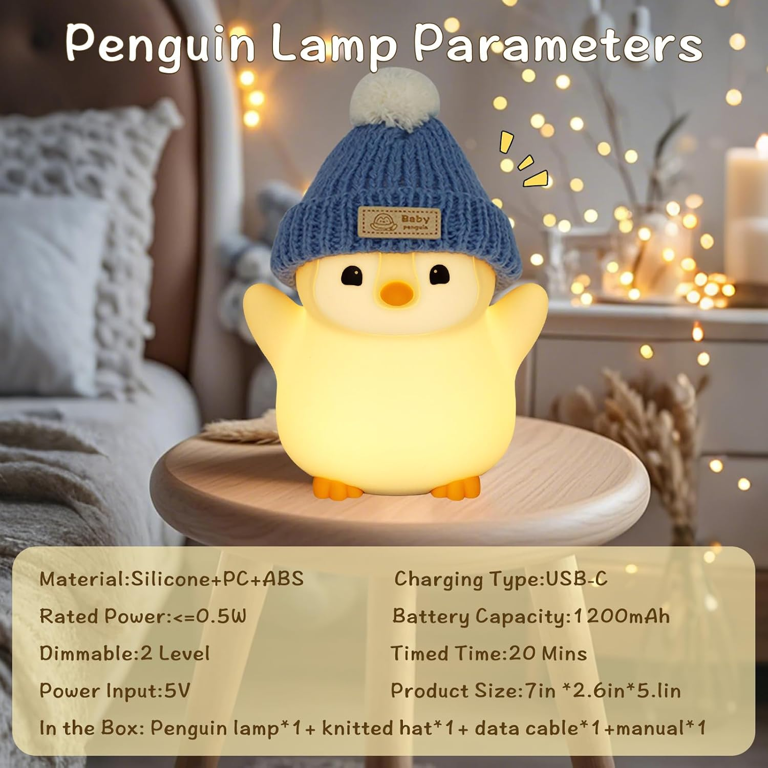 FAMIDUO Penguin Night Light for Kids, Adorable Penguin Lamp with Hat, Food Grade Silicone Nursery Nightlight, Rechargeable/Dimmable/Timer,Led Squishy Novelty Animal Bedside Lamp,Funny Gifts for Boys image number 6