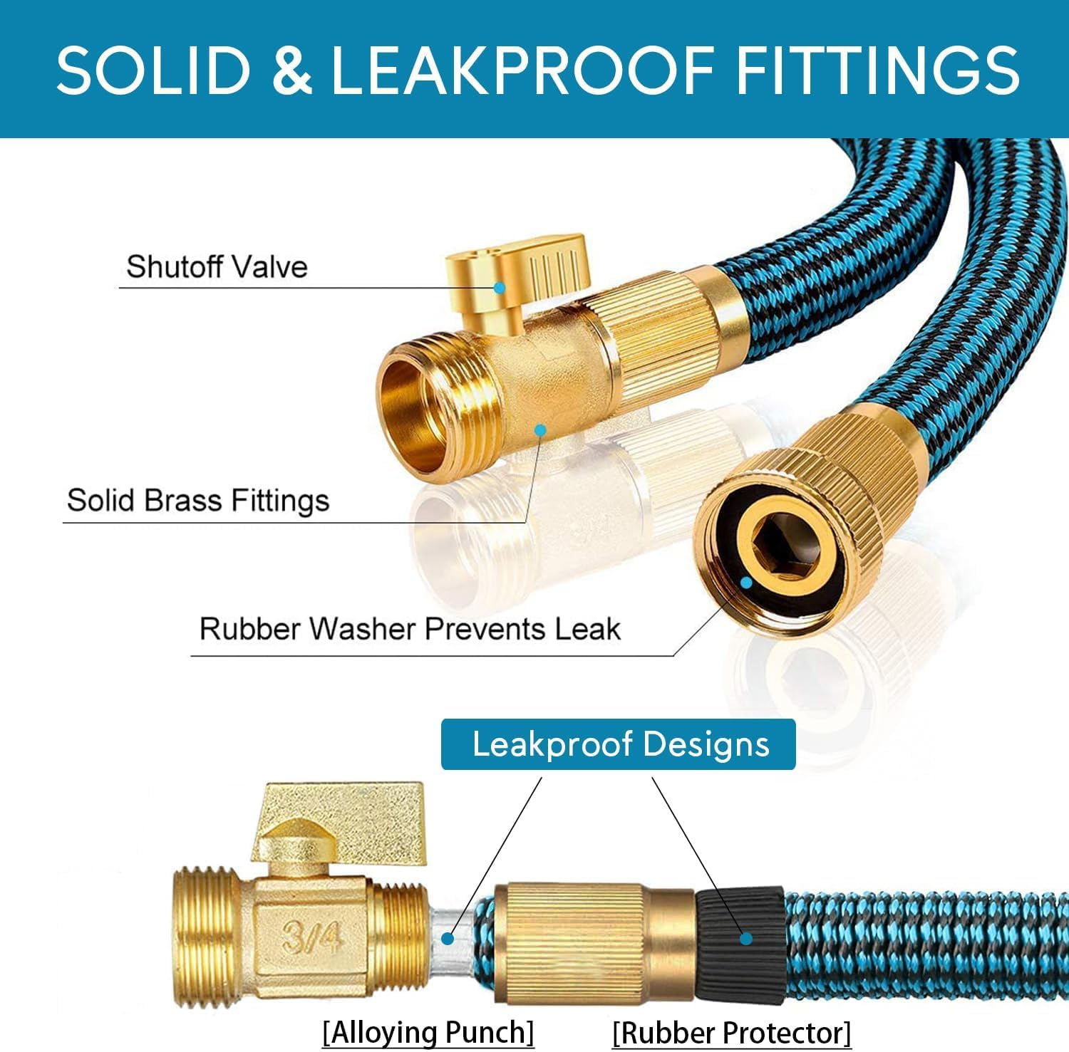 Cyperever 125Ft Expandable Garden Hose with 10-Pattern Nozzle High-Pressure Black Spray Gun, 3/4" Brass Connector & Storage Bag, Retractable Water Hose High Pressure for Car Wash Lawn Watering (Blue) image number 5