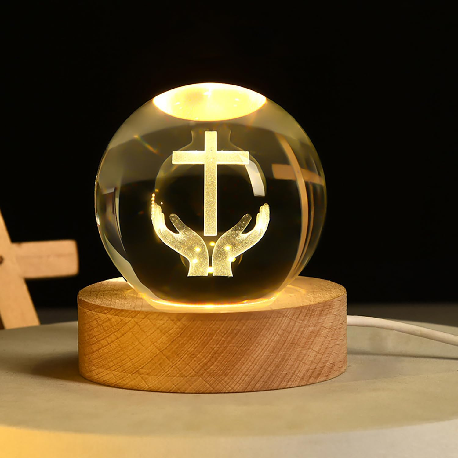 3D Crystal Ball Cross Night Light Desk Table Lamps, with Glowing Base, Laser Engraved Praying in Hand Crucifix Easter Decoration Christian Catholic Religious Gifts (Jesus Cross)