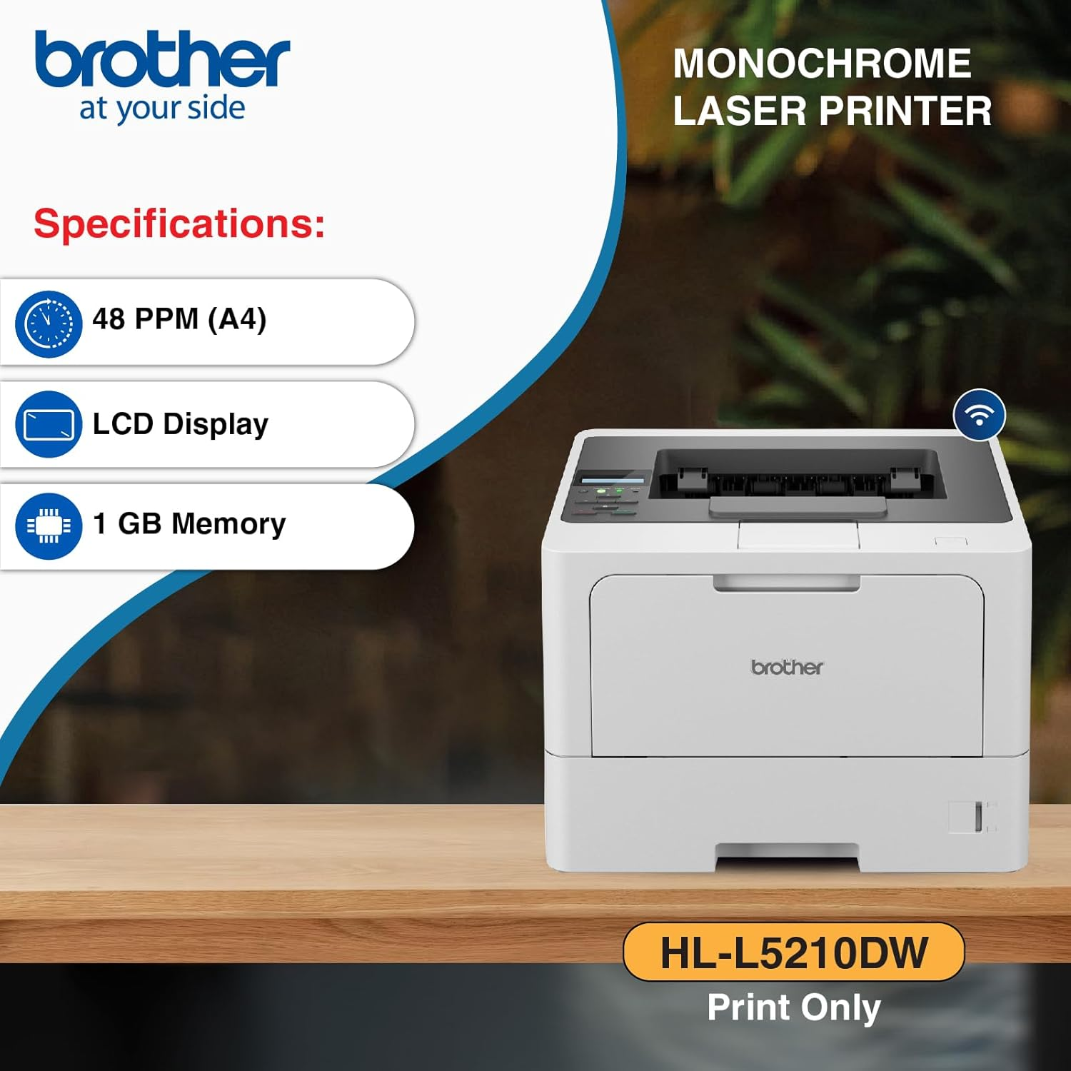 Brother HL-L5210DW, Wireless Mono Laser Printer, 48Ppm, White image number 6