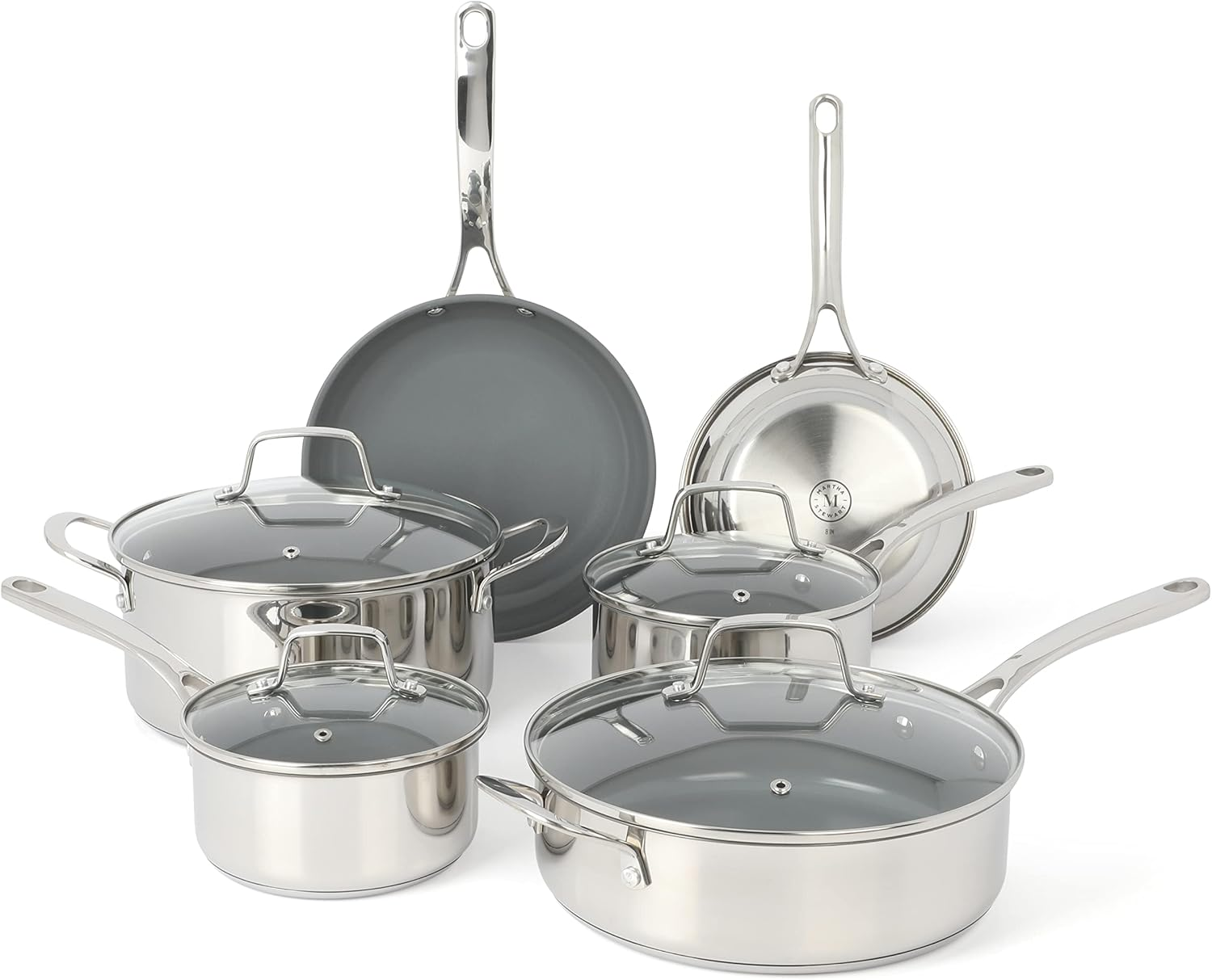 Martha Stewart Delaroux 10 Piece Stainless Steel Cookware Set W/Pfas Free Premium Nonstick Ceramic Interior image number 3