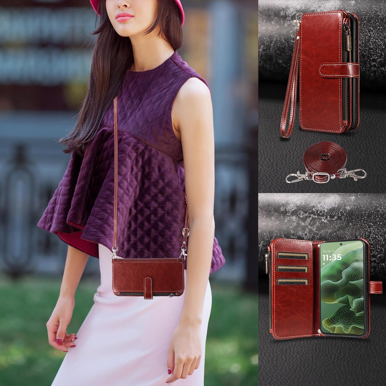 Asuwish Mobile Phone Case for Motorola Moto G35 5G Case with Strap Film Screen Protector Card Slot Foldable Leather Wallet Stand Motog35 G 35 Mobile Phone Cases Protective Zip Wallet Phone Case Brown image number 3