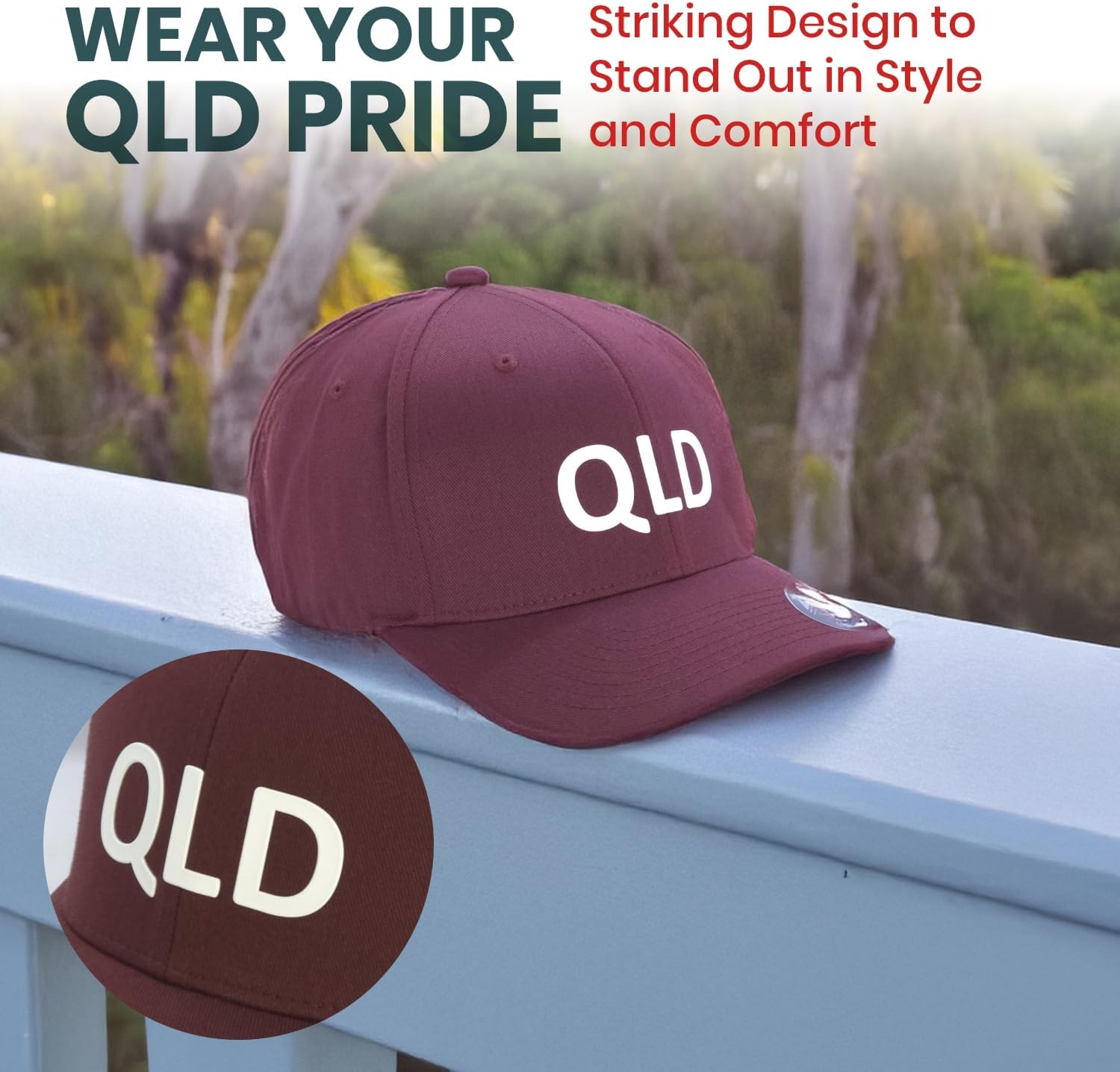 QLD Supporters Cap, Flexfit 6277 Wooly Combed Baseball Cap, Acrylic-Wool, Flexfit Technology, 6-Panel, Silver Undervisor, Stretch Fitted, Premium Mid-Profile, Maroon image number 1