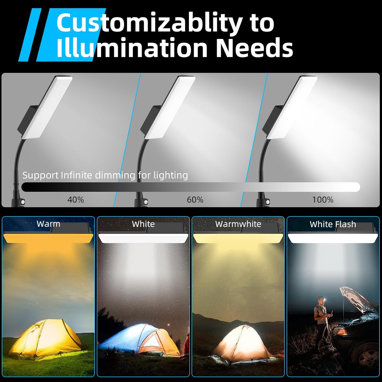 Mingzhe Portable Camping Light LED Work Lamp with Stand 360 Degree Rotatable Waterproof Campsite Light Support 3 Color Temperature and Stepless Dimming for Camping Tent Fishing Outdoor Activities image number 6