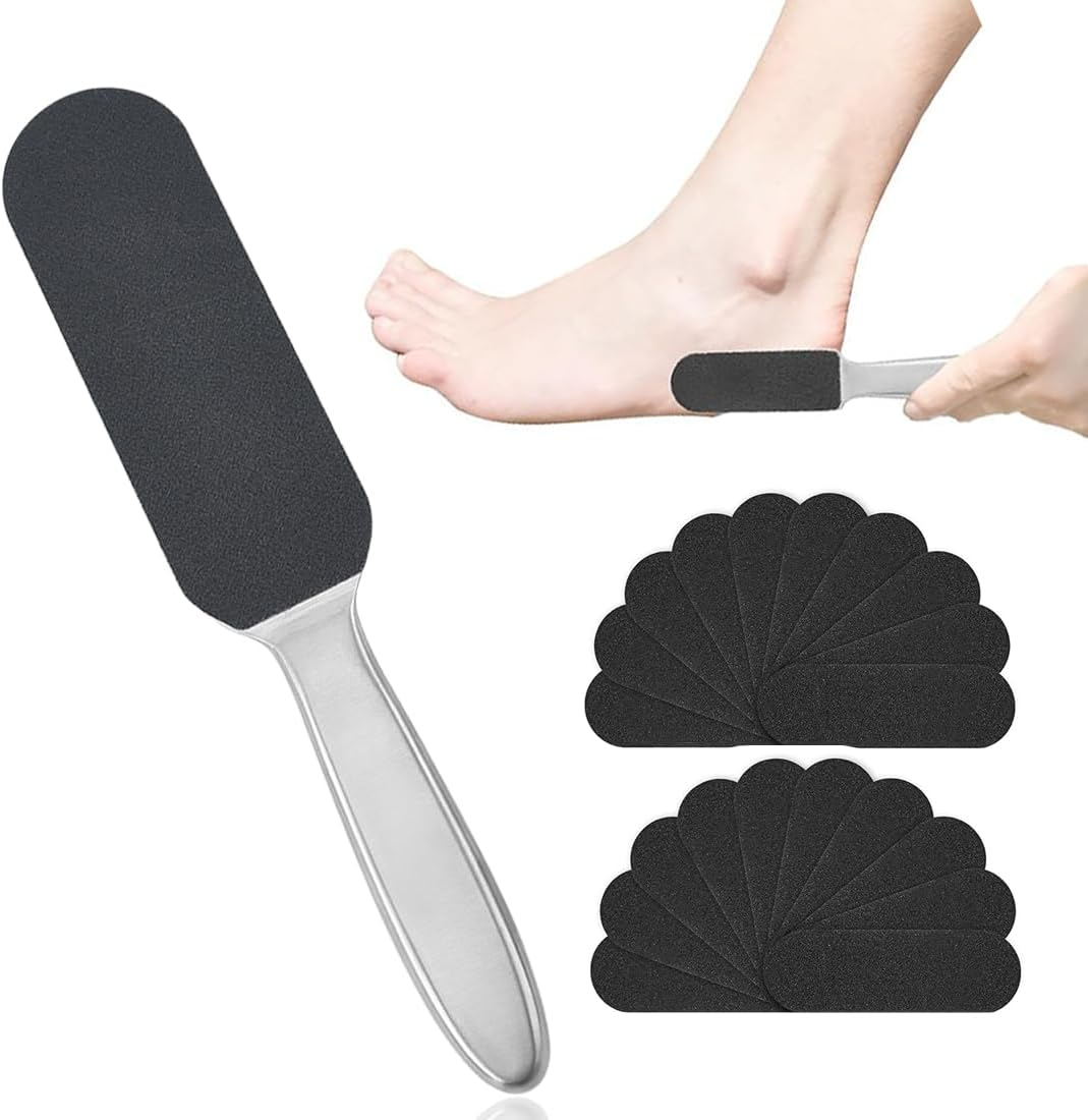 JEYORZY Foot File, 1 X Stainless Steel Callus Remover Double-Sided and 20 Replacement Sandpaper, for Hardened or Dry Skin, Callus File, Foot Care, Callus Remover for Hand and Foot image number 1