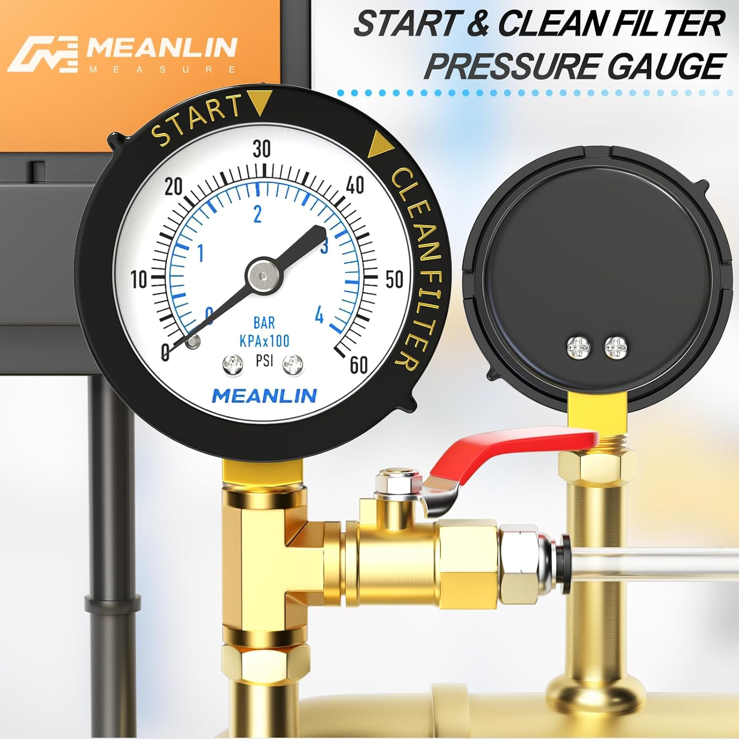 MEANLIN MEASURE 0~60Psi Plastic Frame 1/4" NPT Start and Clean Filter Pressure Gauge，Suitable for Swimming Pool, Spa, Aquarium，Lower Mount image number 1