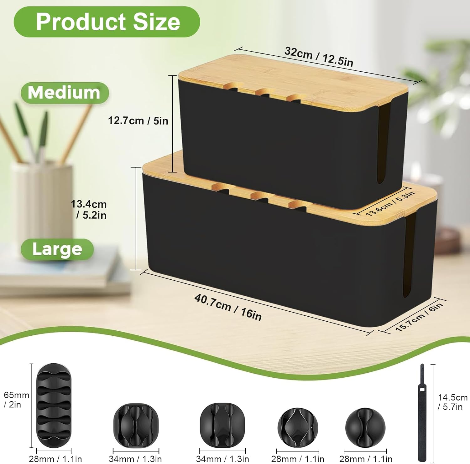 2 Pack Cable Management Box,Cord Organizer with Bamboo Cover for TV Wires,Computer,Router,Usb Hub,Under Desk Power Strip& Cords (Black) image number 1