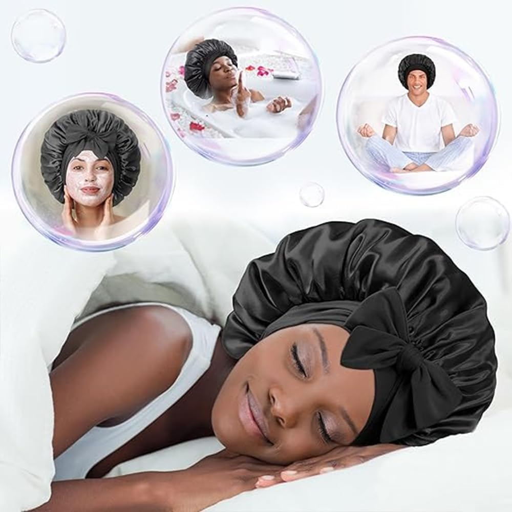 Satin Bonnet,Single Layer Satin Lined Sleeping Cap,Adjustable Large Satins Cap with Tie Band Hair Bonnets Curly Braids Hair for Women(Black) image number 5
