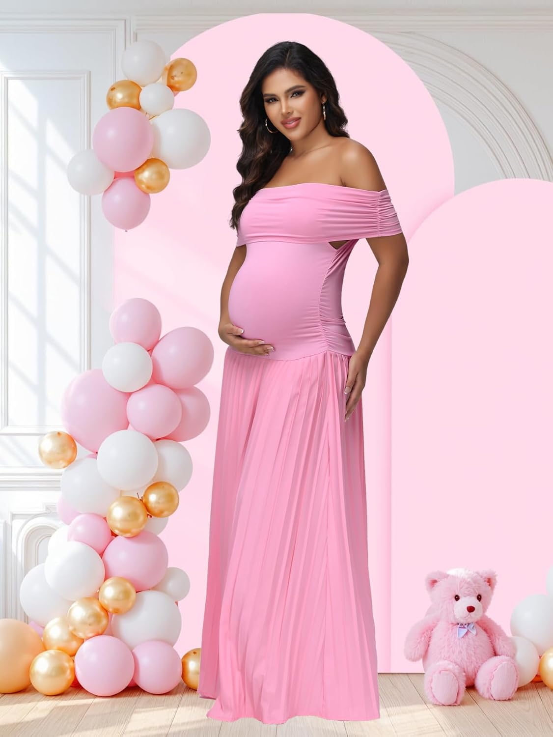 Justvh Women'S Maternity off Shoulder Baby Shower Dress Party Paneled Ruched Hem Maxi Photography Gown for Photoshoot