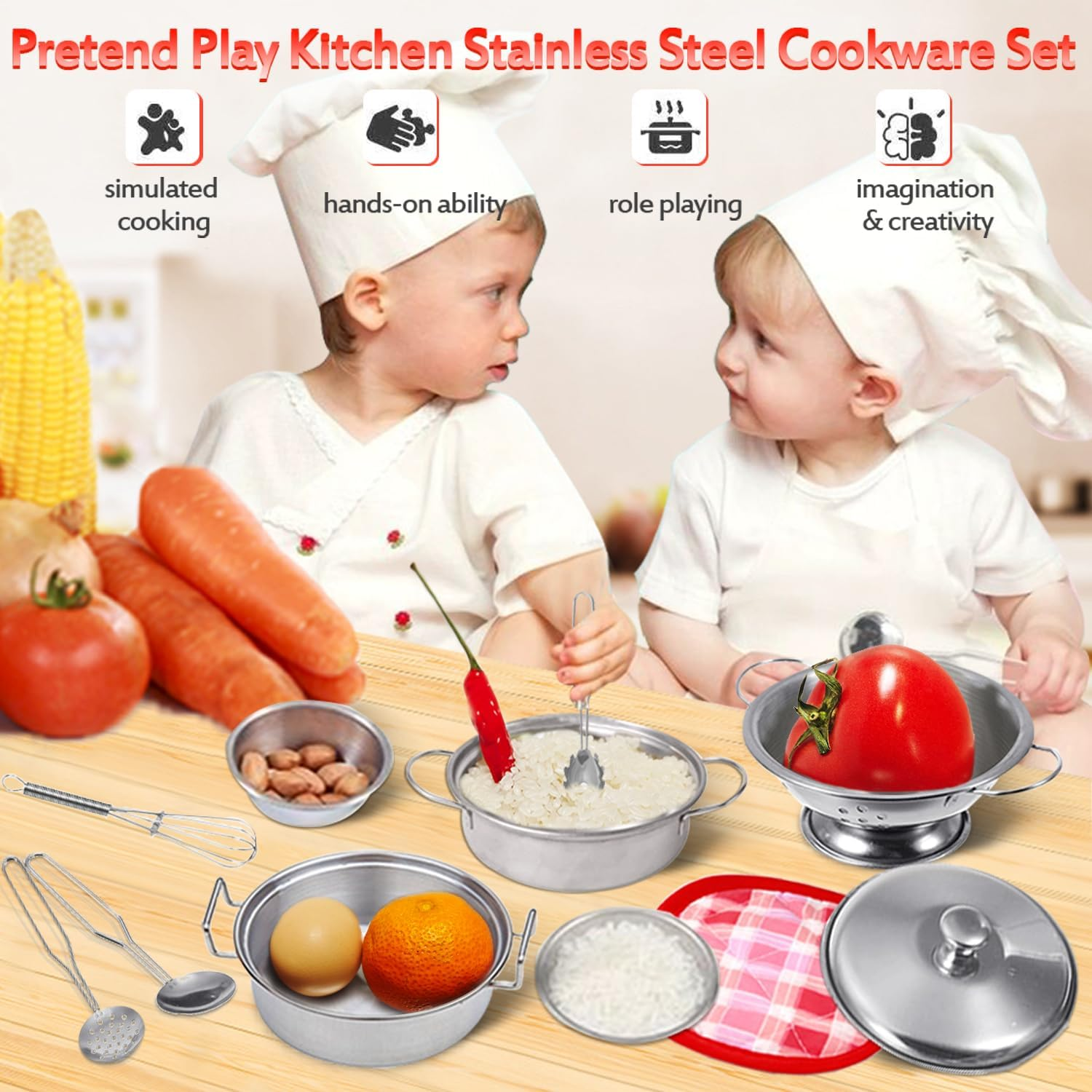 Kids Pretend Play Toys, Mini Kitchen Accessories Set with Stainless Steel Pots and Pans, Miniature Cooking Utensils Cookware for Girls and Boys, Classic Style 11PCS