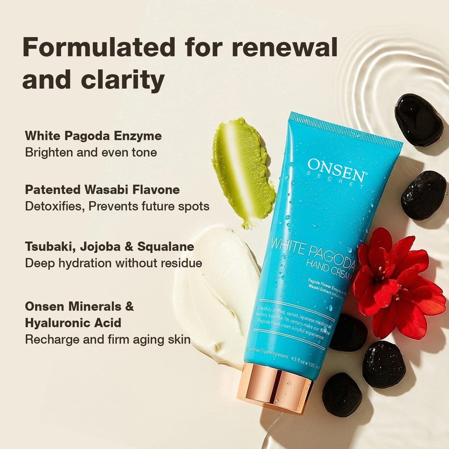 Onsen Japanese anti Aging Hand Cream - Firming Hand Lotion Features Pagoda Flower Enzyme, Wasabi Extract Infusion, Hyaluronic Acid, and Shea Butter, for Clarified and Moisture Rich Skin (135Ml) image number 5