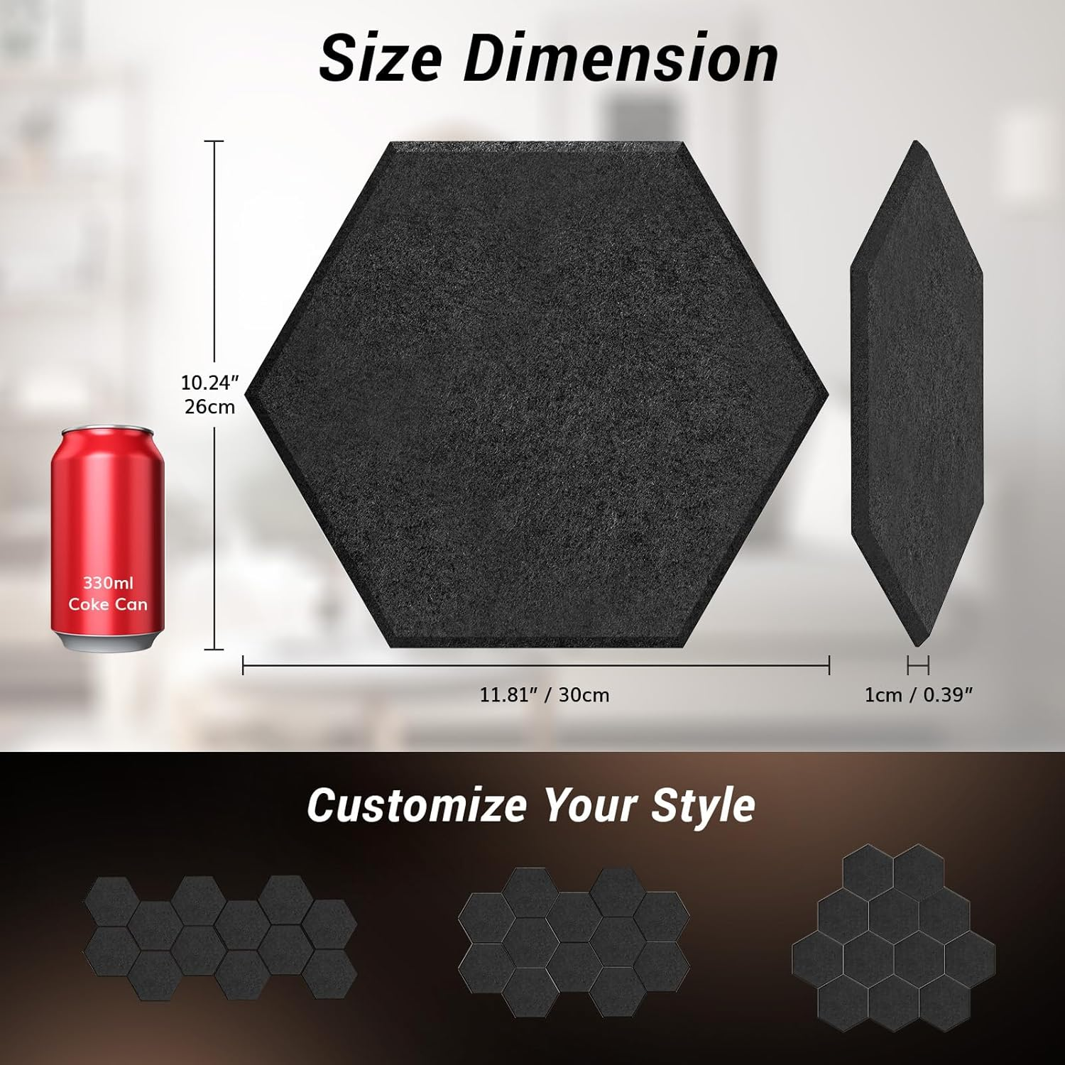 18 Pack Hexagon Acoustic Panels, TONOR 12"X 10"X 0.4" High Density Sound Proof Panels for Walls, Sound Deadening Insulation Treatment Foam Panel, Sound Absorbing Padding for Studio, Office, Black image number 5