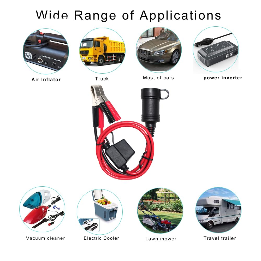 12V Car Cigarette Lighter Socket Female Alligator Clips with 14AWG Cable 15A Fuse 14AWG 3FT 2Pack image number 1