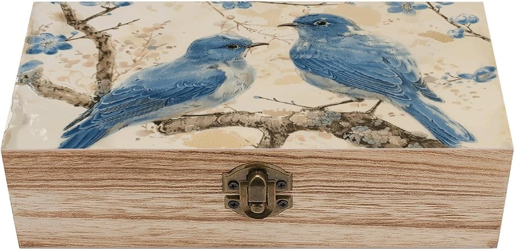 Blue Bird Wooden Box Wood Wedding Keepsake Boxes with Lids Small Decorative Boxes Lightweight Wooden Memory Storage Box for Crafts Keepsakes Jewelry Photo Letter Storage image number 4
