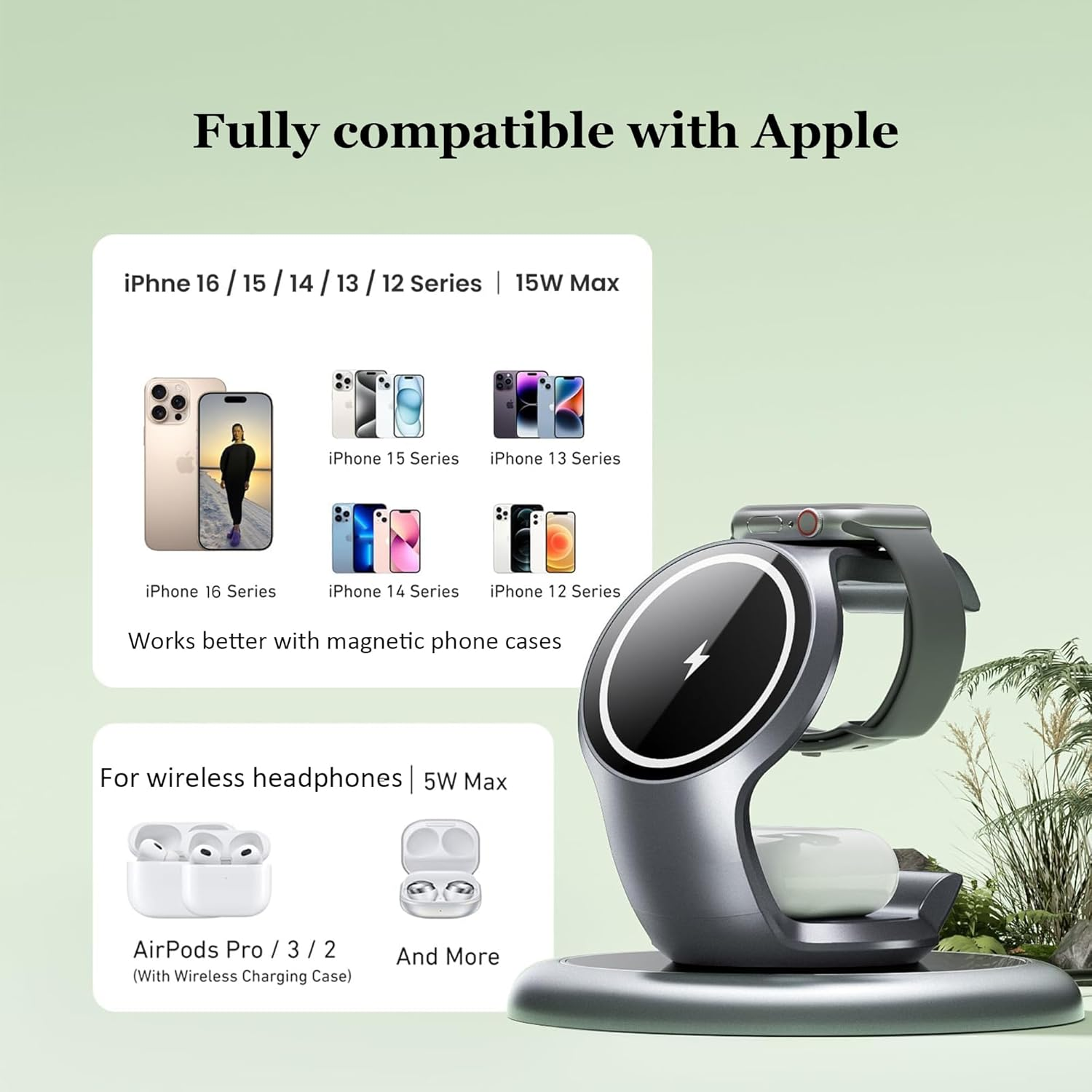 EXW 15W Wireless Charging Station for Magsafe Charger, 3 in 1 Wireless Charger for Apple, Fast Magnetic Charger Stand for Iphone 17/16/15/14/13/12, Apple Watch, Airpods (Silvergrey, with 20W Adapter)