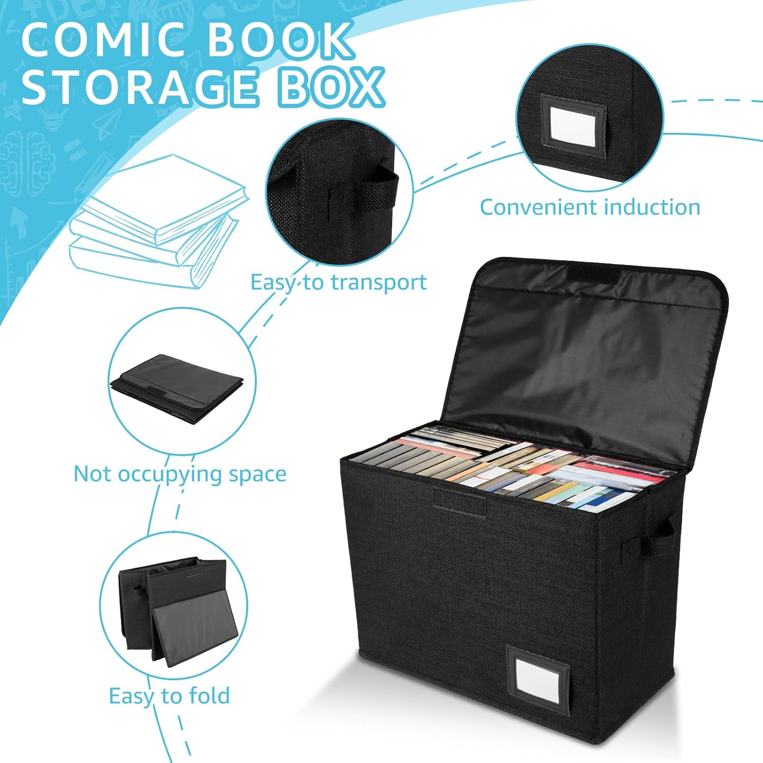 Comic Book Storage Box, Collapsible Comic Book Box, Washable Integrated Comic Book Bin, Foldable Comic Short Box Holds 150-180 Comics, Comic Book Bin Container for Home Office (Black) - Black image number 2