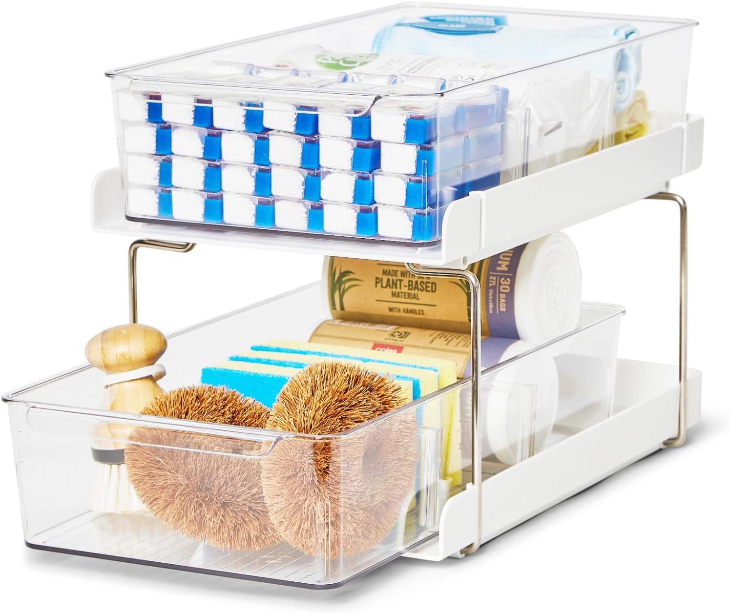 Under Sink Storage Set &ndash; 2 Tier Drawer with Adjustable Dividers, 25Cm Lazy Susan, White Storage Tubs with Wooden Handles &ndash; Space-Saving Organiser for Kitchen, Bathroom & Laundry image number 2