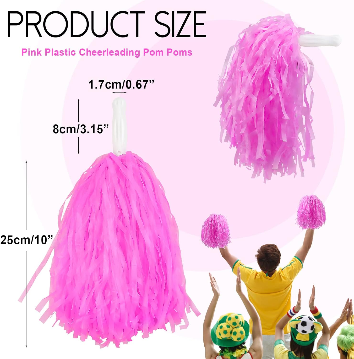 12 Pack Pink Plastic Cheerleading Pom Poms, Sports Dance Cheer Plastic Pom Pom for Rooters,Cheering Squard,Cheering Team(30 Grams Weight Each) image number 4