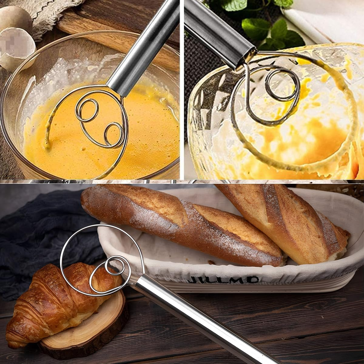 2PCS 30Cm Danish Dough Whisk Set 304 Stainless Steel Large Bread Dough Egg Whisk Hand Mixer Baking Tools for Cake Cookie Dessert Bread Pizza Pastry Food Biscuits image number 3