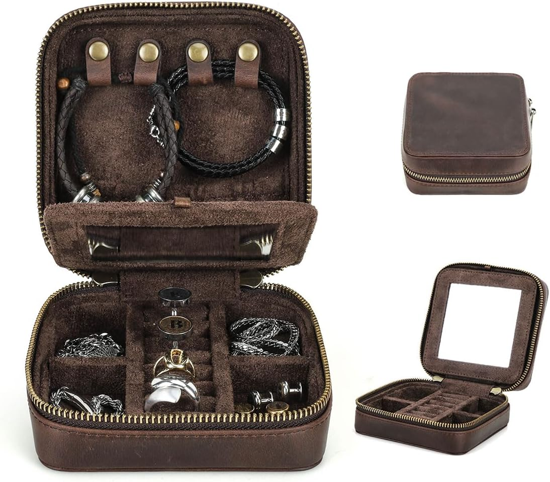 Contacts Genuine Leather Jewelry Box Travel Jewelry Storage Organizer for Men Portable Case for Cufflinks Ring Necklace Earrings with Mirror, Square+Mirror, Coffee image number 4