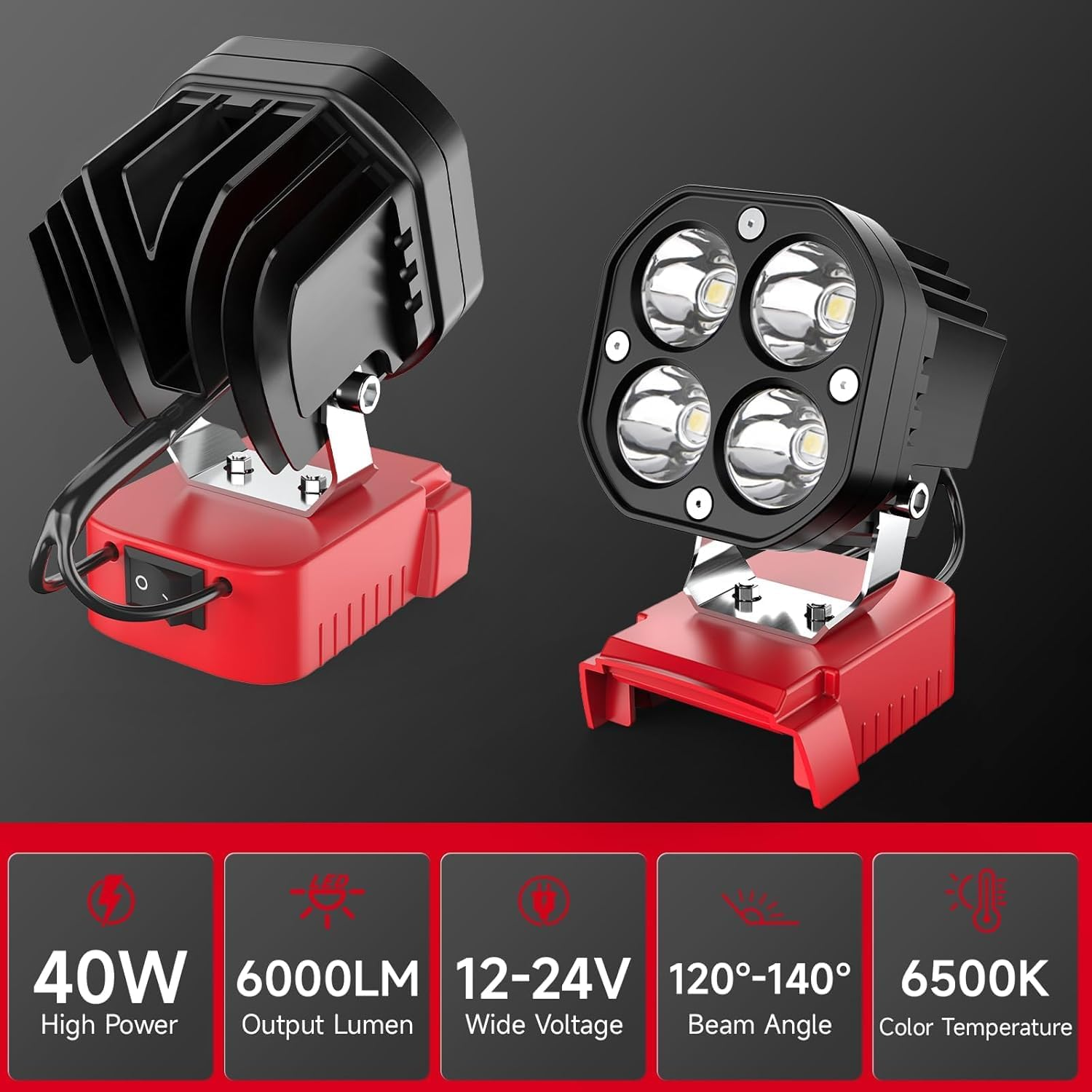 Skogfe LED Work Light Compatible with Milwaukee 18V Battery, 40W 6000LM Flashlight, 18V Battery Cordless Work Light 120&deg;Adjustable with Low Voltage Protection for Outdoors and Job Site Lighting (RED) image number 3