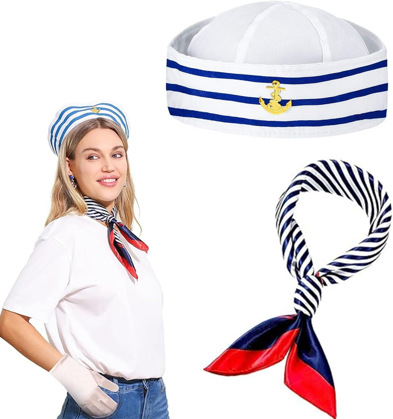 2-Piece Sailor Hat & Scarf Set, Navy Blue, Unisex-Adults, Costume Accessory, Sailor Costume, Party Accessory image number 4
