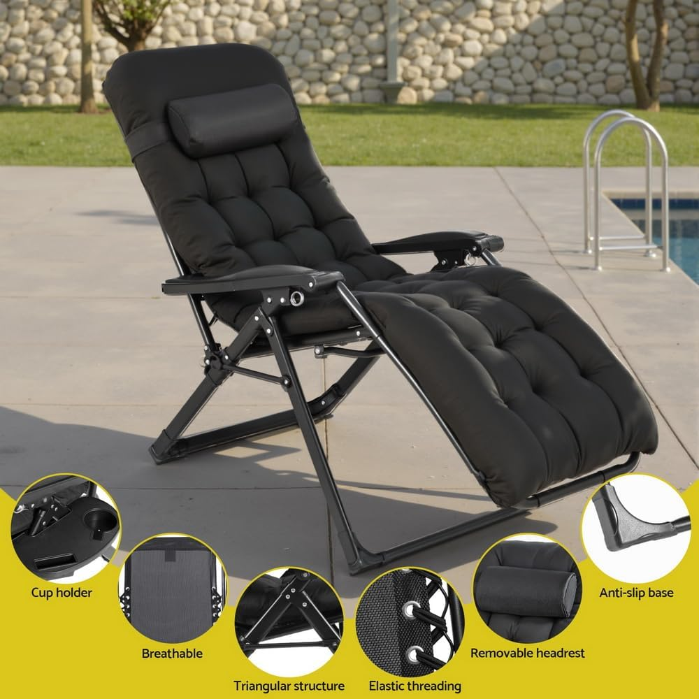 Gardeon Sun Lounge, Folding Camping Chair Lounger Day Bed Chaise Beach Chairs Outdoor Furniture Garden Patio Setting Pool Backyard, with Cotton Padded Seat Armrest Adjustable Backrest All Black image number 3