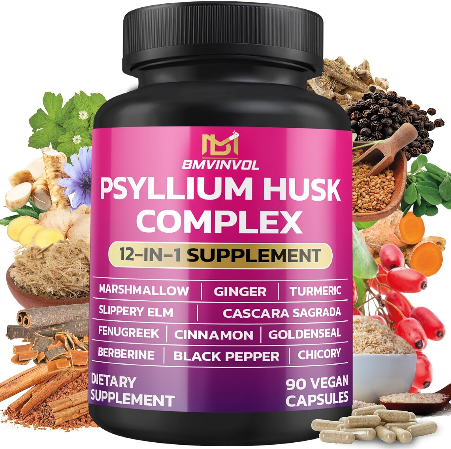 BMVINVOL Psyllium Husk, Slippery Elm, Cascara Sagrada, Fenugreek, Berberine, Cinnamon, Turmeric + 5 Mores - Immune Support & Digestive Health Supplement - 90 Capsules image number 5