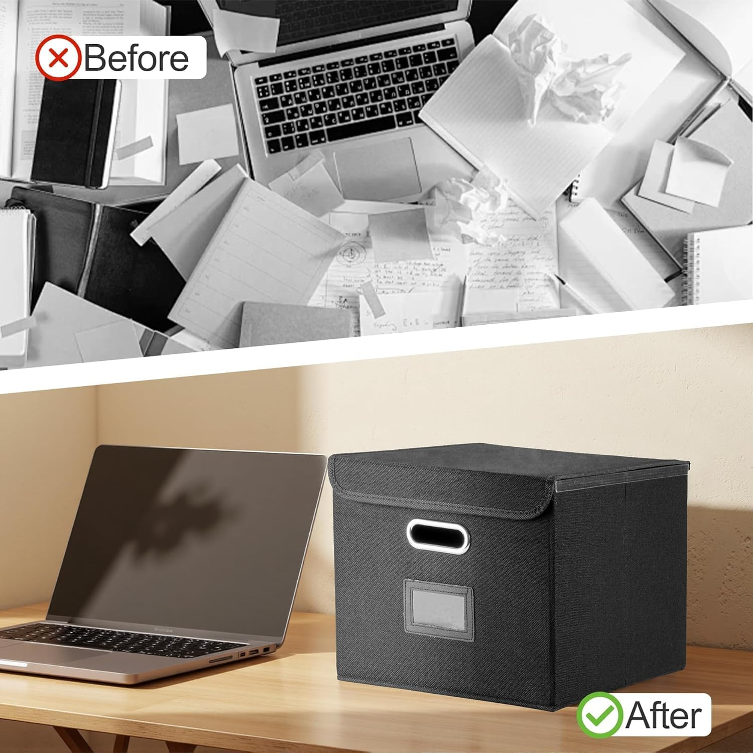 File Organizer Box, Upgraded Large Linen Hanging Office Document Storage Box with Lid, Collapsible Filing Storage Boxes, Filing Box Cabinet for Office Home, Black image number 6