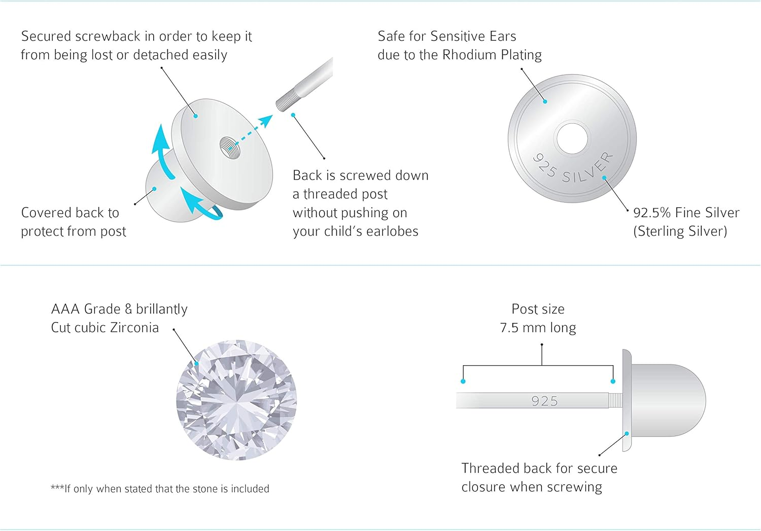 925 Sterling Silver Rhodium Plated 3,4,5Mm Princess Cut Cubic Zirconia Screwback Baby Girls Earrings image number 5