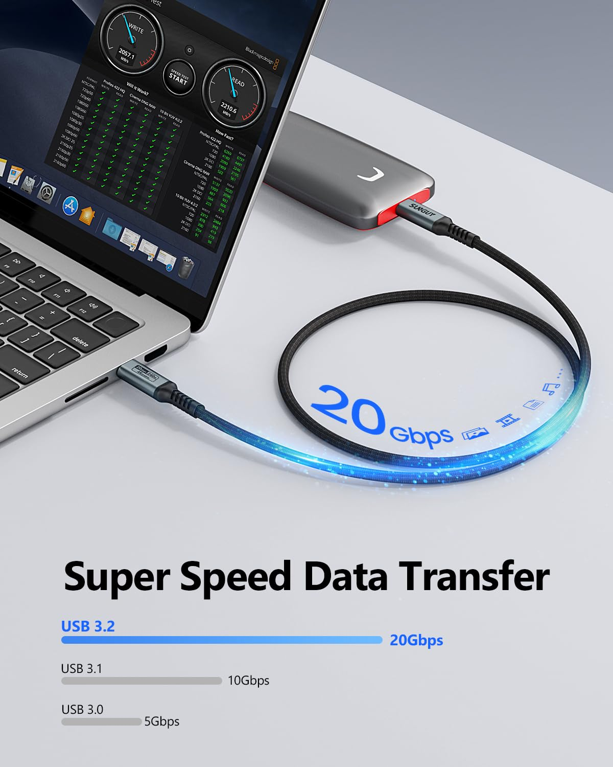 SUNGUY USB C to USB C Cable 3M/10FT, 240W Fast Charging 20Gbps Highspeed Data Transfer 4K Video Output Monitor Cable for I-Phone 15/16 Series, Macbook Air/Pro and More Type-C Devices image number 3