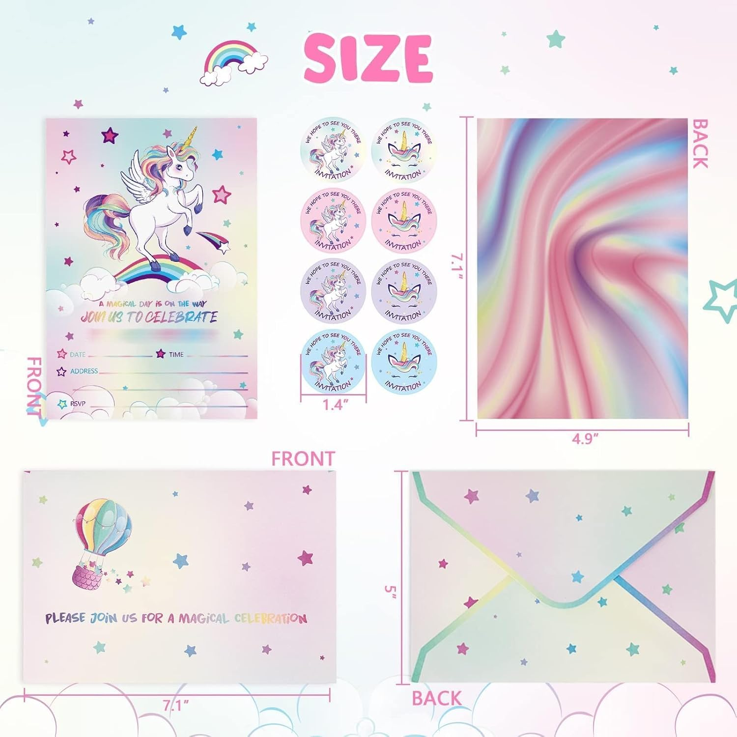 WERNNSAI 24PCS Unicorn Birthday Invitation - Rainbow Unicorn Party Supplies Fill-In Linvitations with Envelopes for Girls Birthday Baby Shower Double-Sided Printed Invite Cards image number 5
