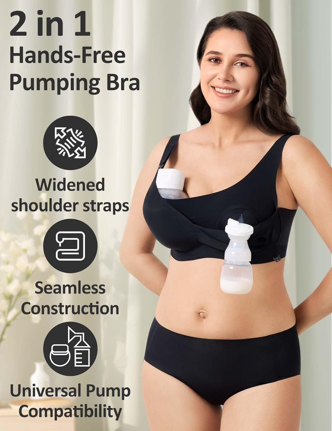 Hands-Free Pumping Bra with Jelly Gel Technology and Semi-F Padding, Compatible with All Standard Breast Pumps Black image number 2