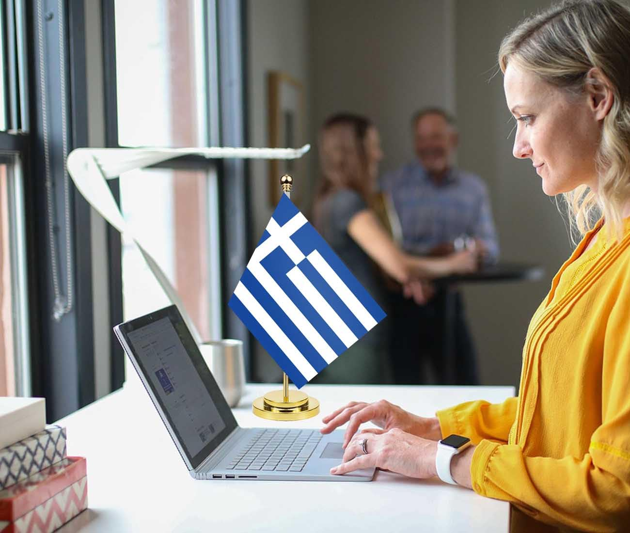 Greece Desk Flag,12 Inch Tall Small Greek Indoor Banner,Tiny Printing Decor for Office Home Table Meeting with Golden Metal Pole Base