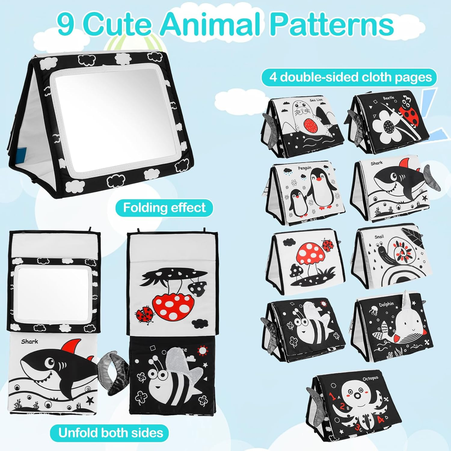 Tummy Time Mirror Toys for Babies, Foldable Baby Floor Mirror Cloth Books, Montessori Newborn Infant Toys - 8 Pages Cloth Books Early Learning Baby Mirror for 0-12 Months (B) - B image number 5