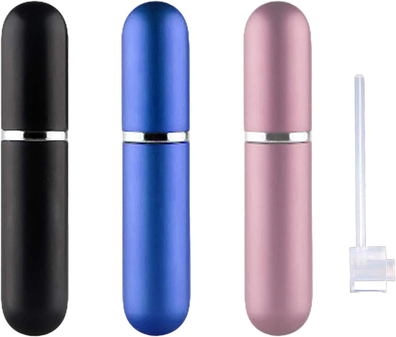 Perfume Travel Refillable,5Ml Perfume Atomisers,3 Pcs Mini Portable Spray Bottles,Round Tube Perfume Bottles Set with 1 Flat Separated Tool,For Home Business Trip Travel(Black+Blue+Champagne)(4Pcs)