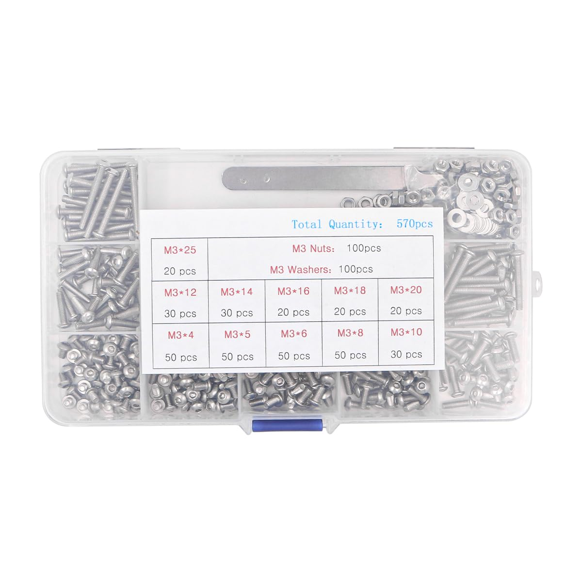 570 PCS NUZAMAS Stainless Steel M3 Button Head Hex Socket Cap Screw Bolts Screw and Nuts Flat Washer Assortment Kit with Wrench and Tweezers