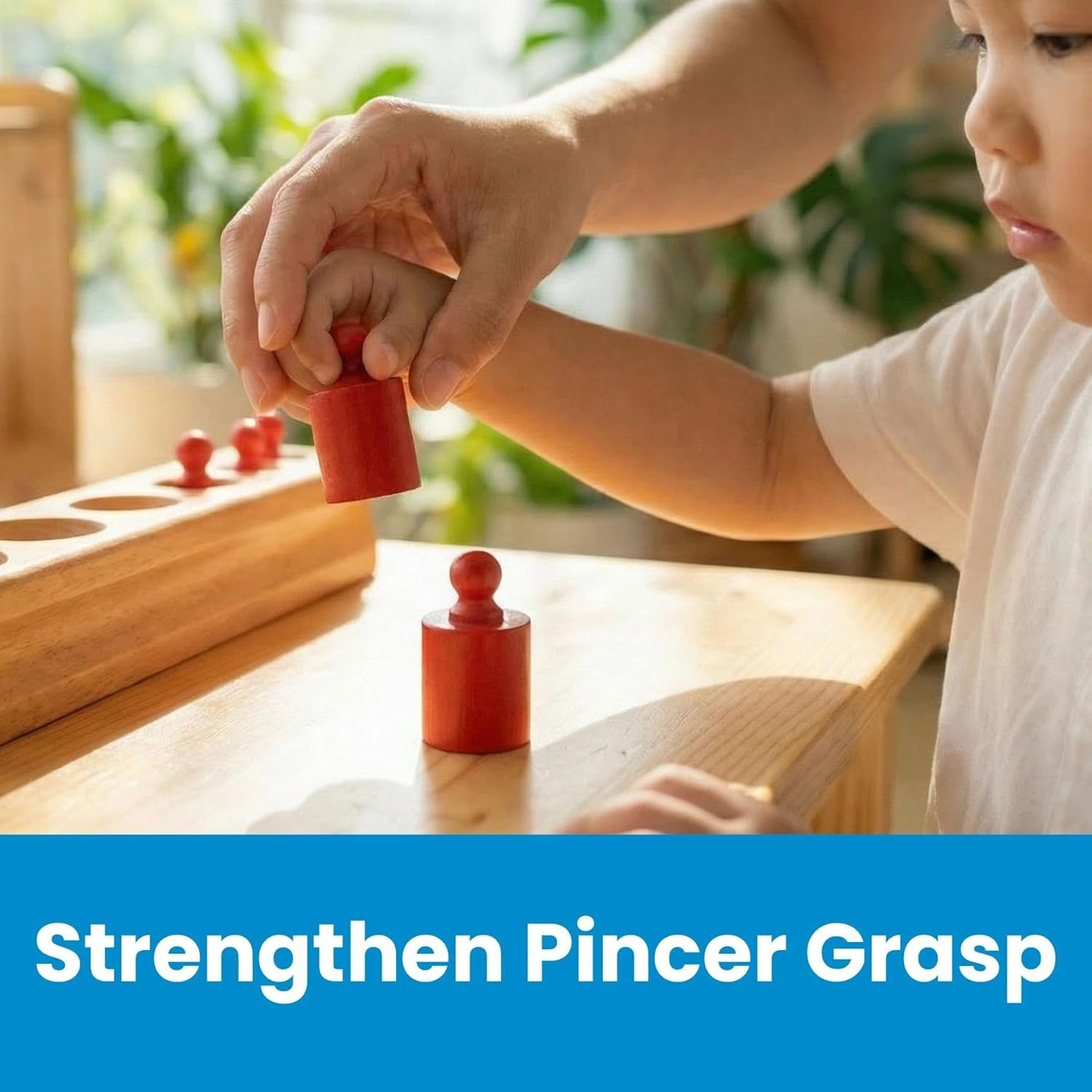 BOHS Montessori Knobbed Cylinders Blocks - 6 Pegs / 6.7 Inches - Colorful Wooden Early Home School Toys - 4Pcs Set