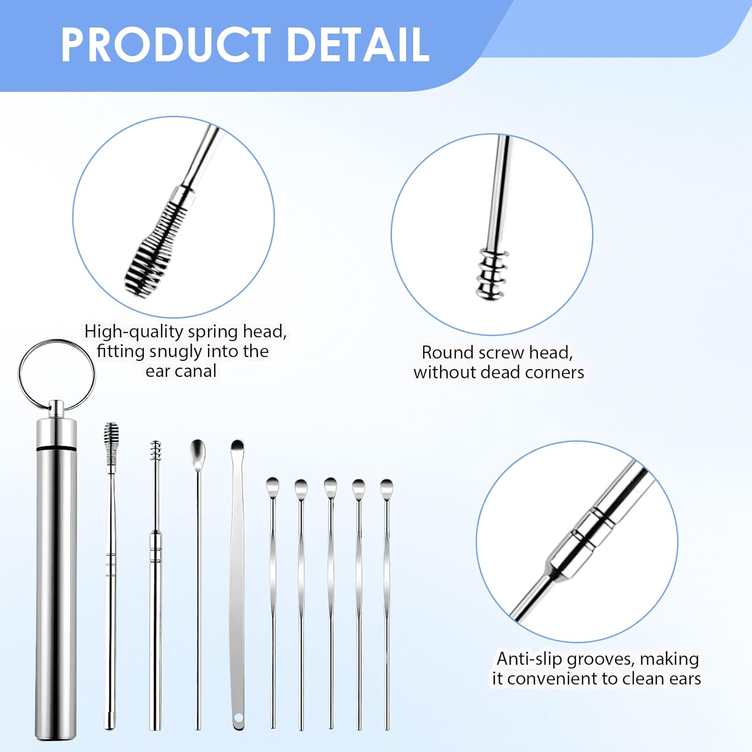 9 Pcs Ear Pick Earwax Removal Kit, Stainless Steel Ear Wax Removal Tools Set with Double-Headed Curette, Spiral Earpick and Cleaning Brush, Safe for Adults and Kids, Portable Storage Case Included.