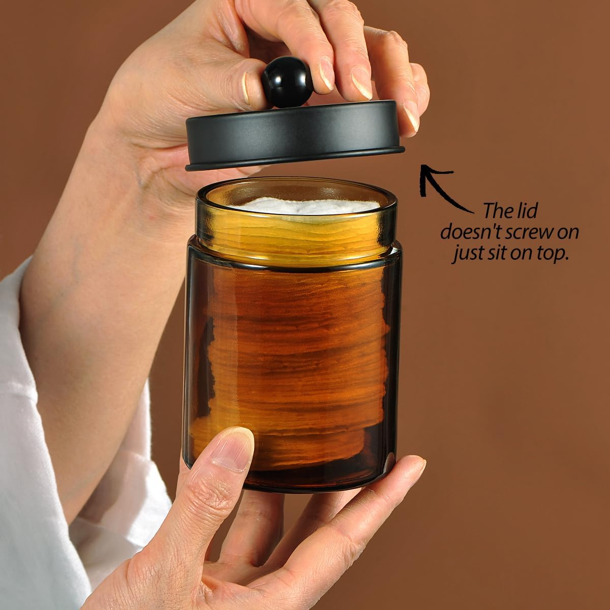 Amber Glass Qtip Holder, Apothecary Jar,Qtip Dispenser with Metal Lid & Stickers- 3Pack Containers,Vanity Canister Organizer Storage,Bathroom Accessories Set for Cotton Swab, Ball, Pad, Floss image number 6