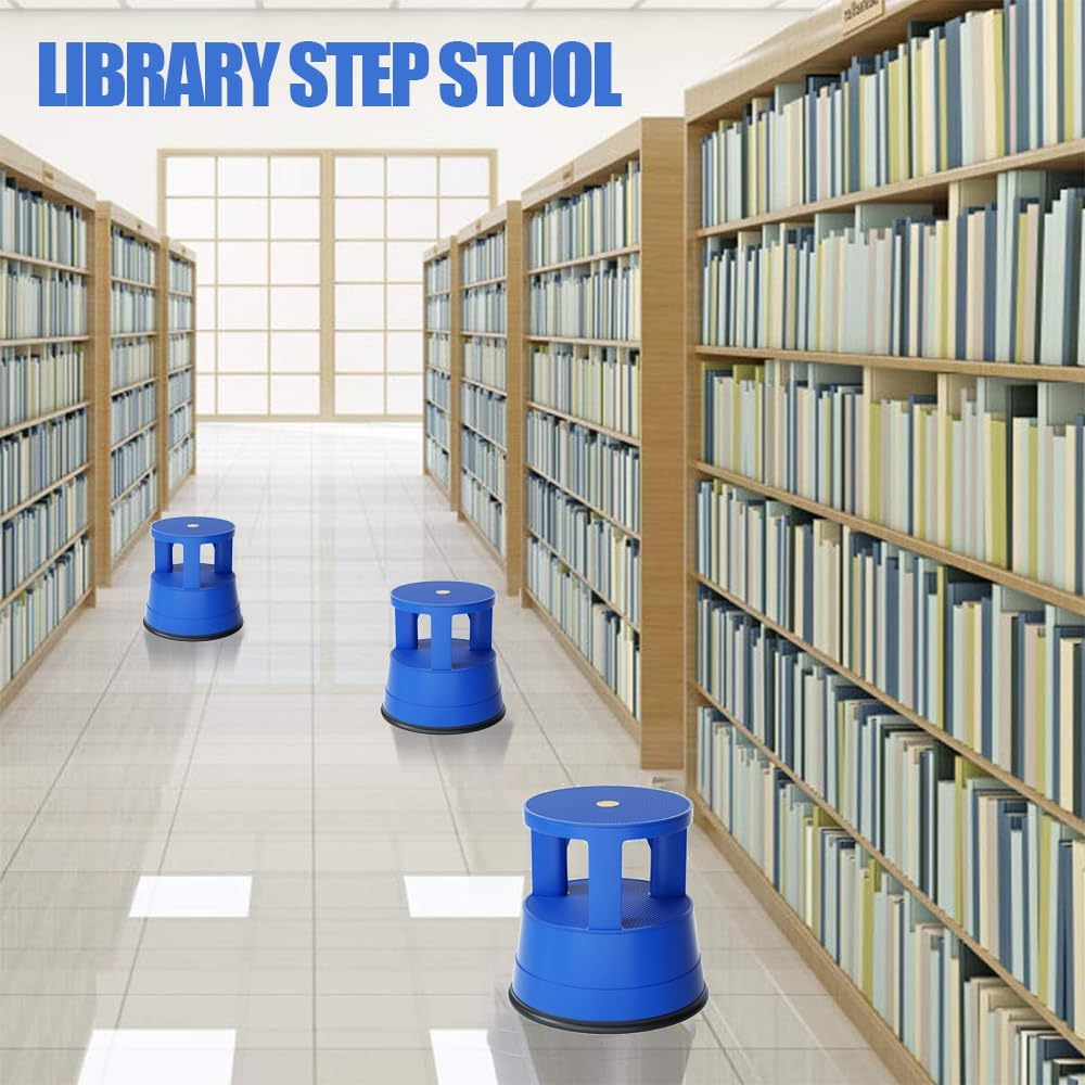 Rolling Step Stool, Movable Step Stool, Library Stool with Anti-Slip Platform, Portable round Step Stool with Wheels, Step Stool Suitable for Kitchen, Library, Office, Garage (Blue)