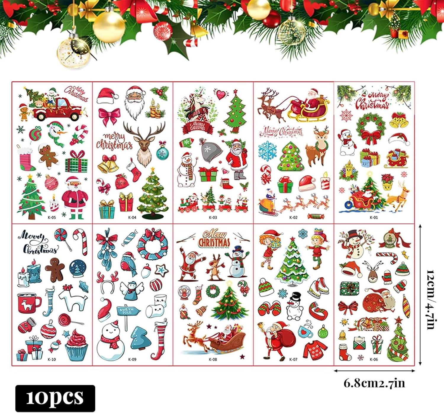 Itadaku 10 Sheets Christmas Temporary Tattoos, Colorful Tattoo Stickers, Fun Festival & Birthday Party Gifts image number 2