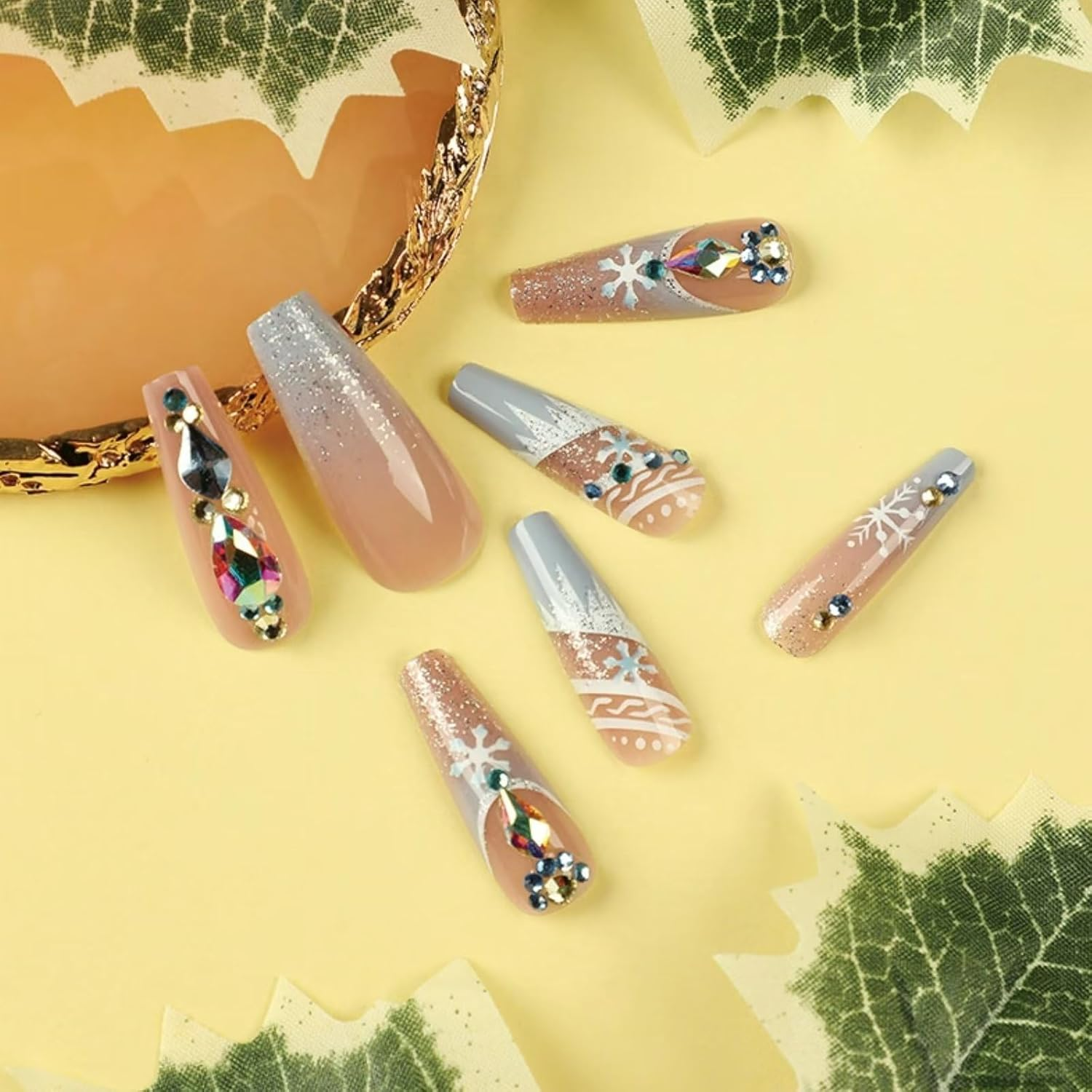 RUNRAYAY Extra Long Square Press on Nails, Christmas Blue Snowflake Press on Nails French, Fake Nails Full Cover for Women, 24 Pieces image number 1